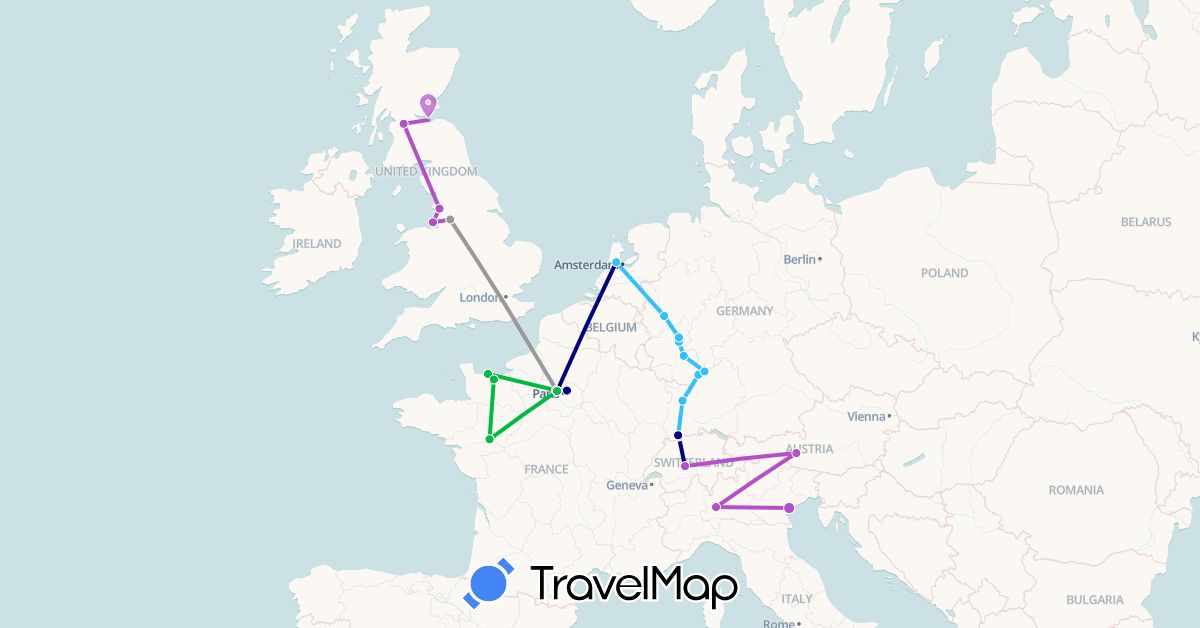 TravelMap itinerary: driving, bus, plane, train, boat in Austria, Switzerland, Germany, France, United Kingdom, Italy, Netherlands (Europe)