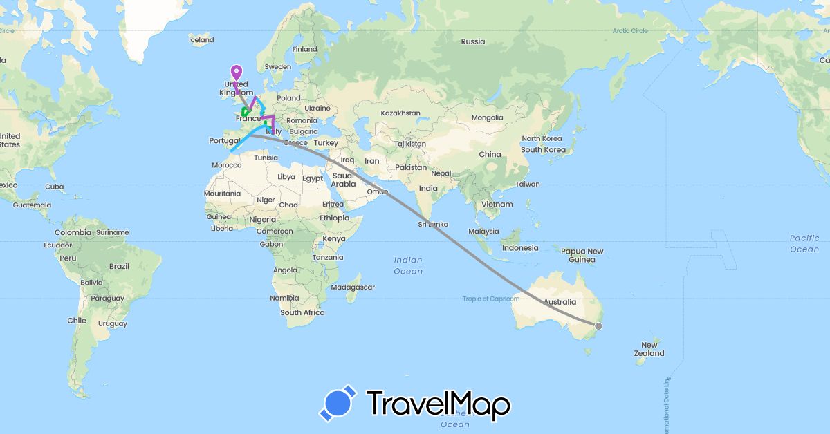 TravelMap itinerary: driving, bus, plane, train, boat in Austria, Australia, Switzerland, Germany, Spain, France, United Kingdom, Gibraltar, Italy, Netherlands, Qatar (Asia, Europe, Oceania)